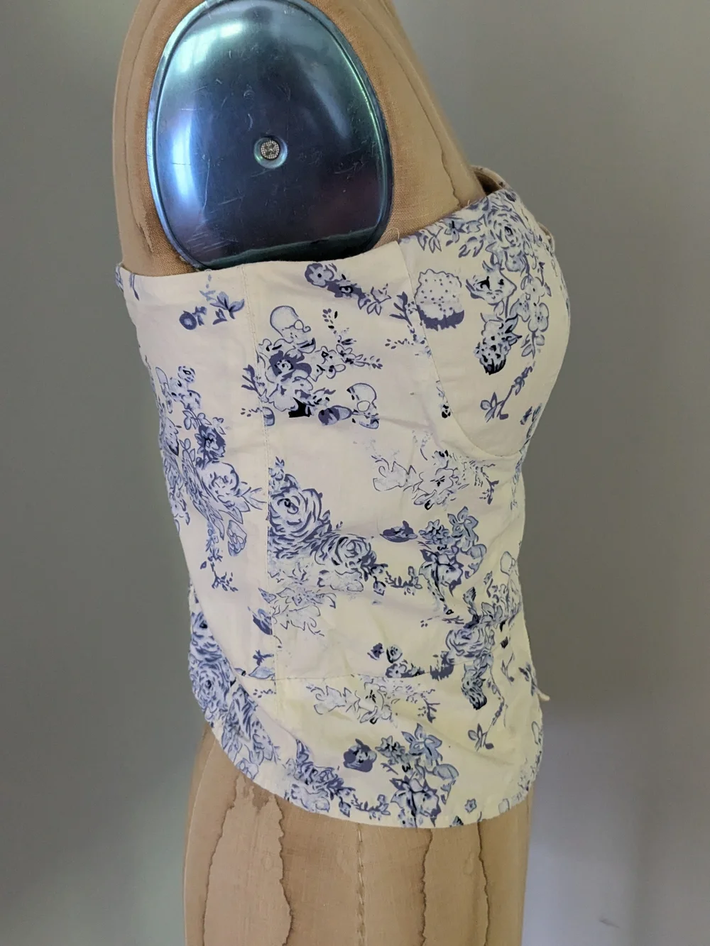 Floral Strapless Zip-Front Bustier Top - Blue on Cream